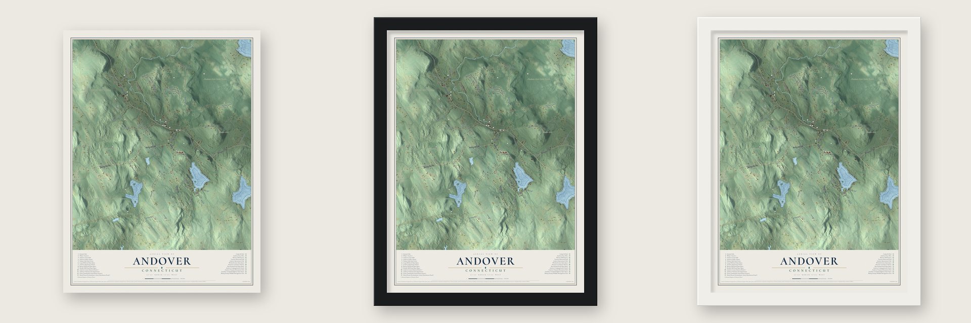 Andover, Connecticut map unframed, in a black wood frame and in a white wood frame