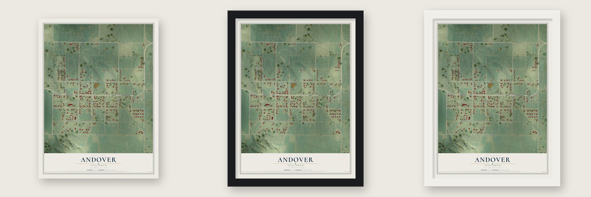 Andover, Illinois map unframed, in a black wood frame and in a white wood frame