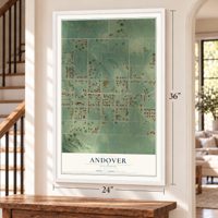 Andover, Illinois map, 24 x 36 inch print in a white frame by a staircase