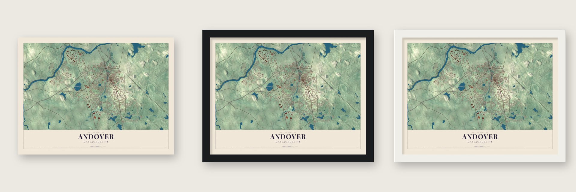 Andover, Massachusetts map unframed, in a black wood frame and in a white wood frame