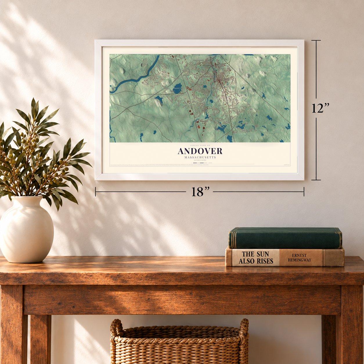 Andover, Massachusetts map, 12 x 18 inch print in a white frame in an entryway