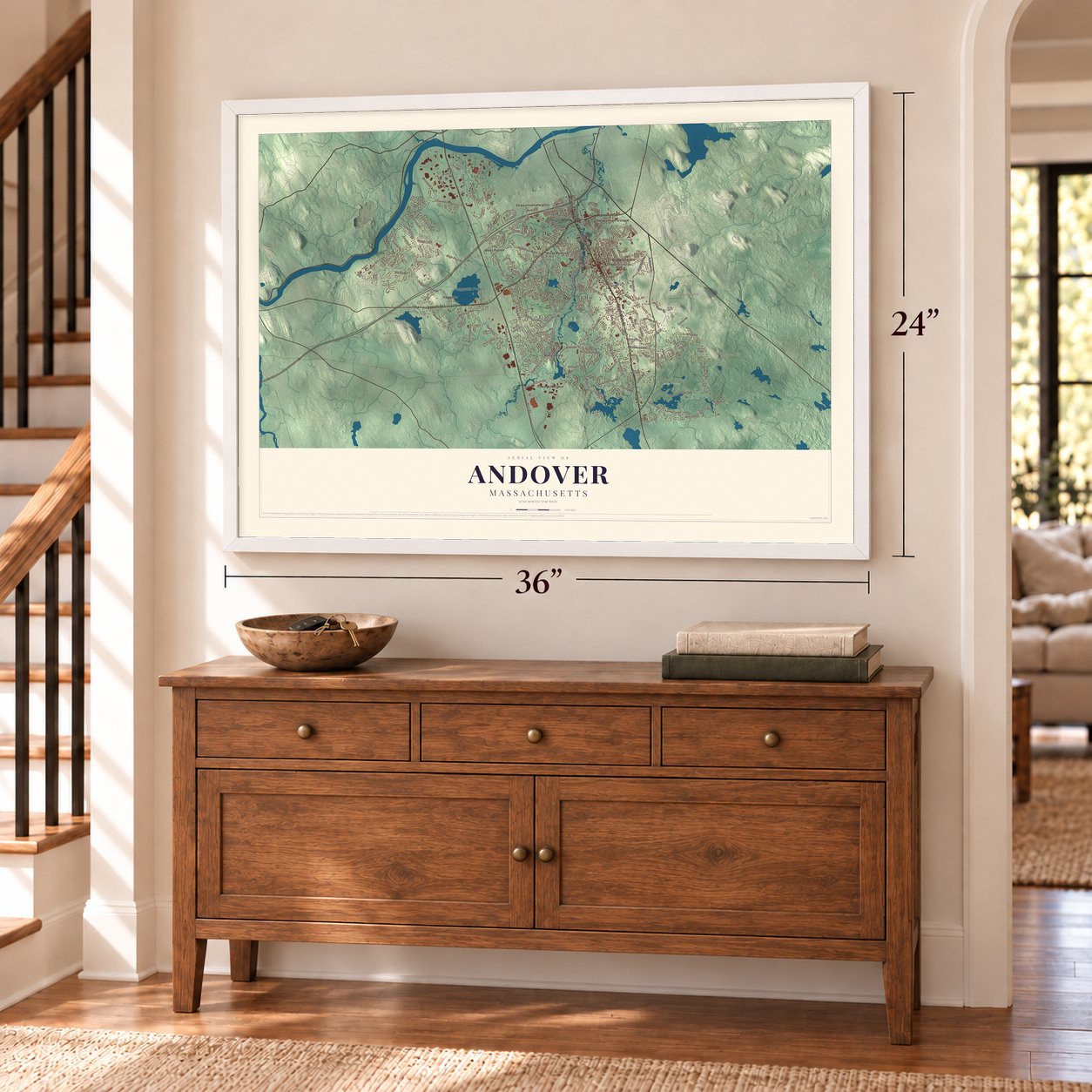Andover, Massachusetts map, 24 x 36 inch print in a white frame above a dresser by a staircase