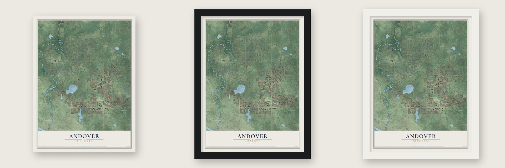 Andover, Minnesota map unframed, in a black wood frame and in a white wood frame