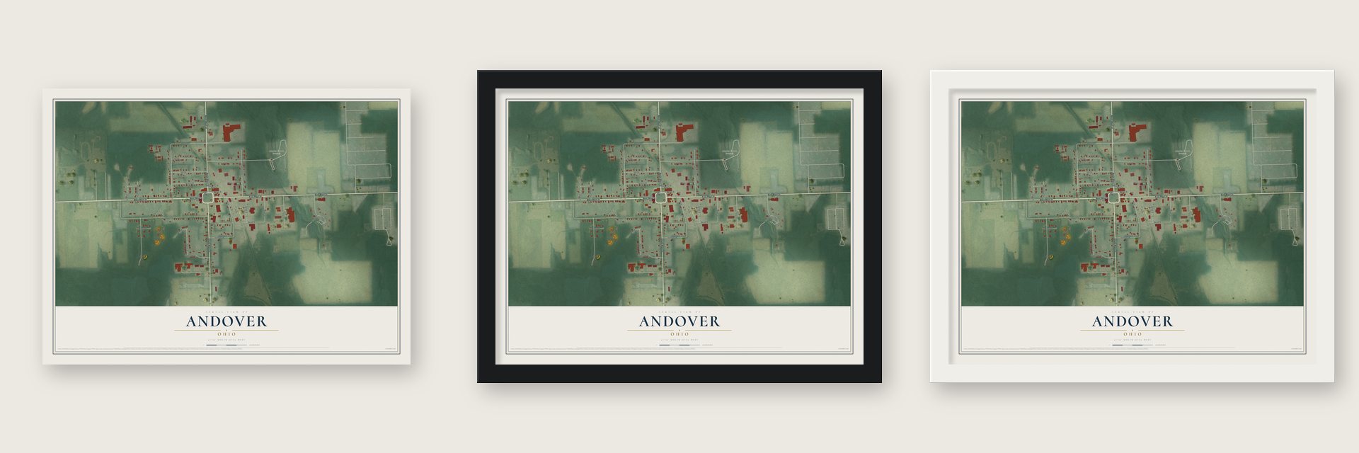 Andover, Ohio map unframed, in a black wood frame and in a white wood frame