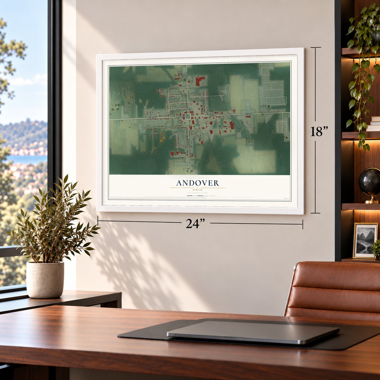 Andover, Ohio map, 18 x 24 inch print in a white frame in a home office