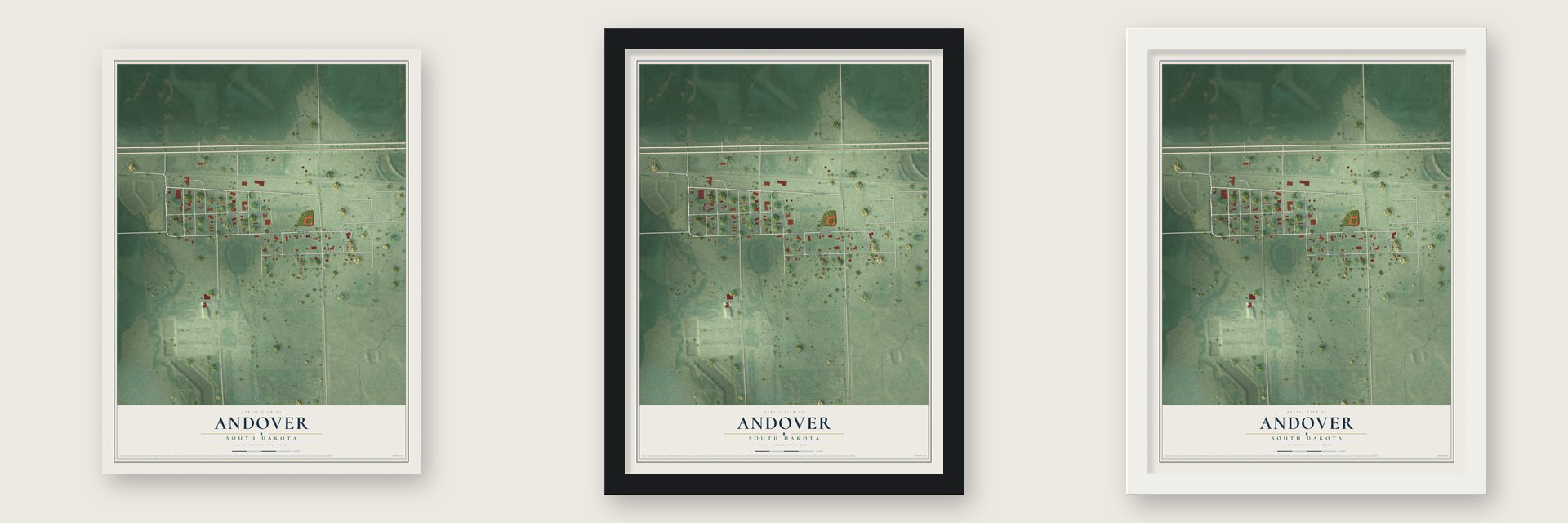 Andover, South Dakota map unframed, in a black wood frame and in a white wood frame
