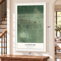 Andover, South Dakota map, 24 x 36 inch print in a white frame by a staircase