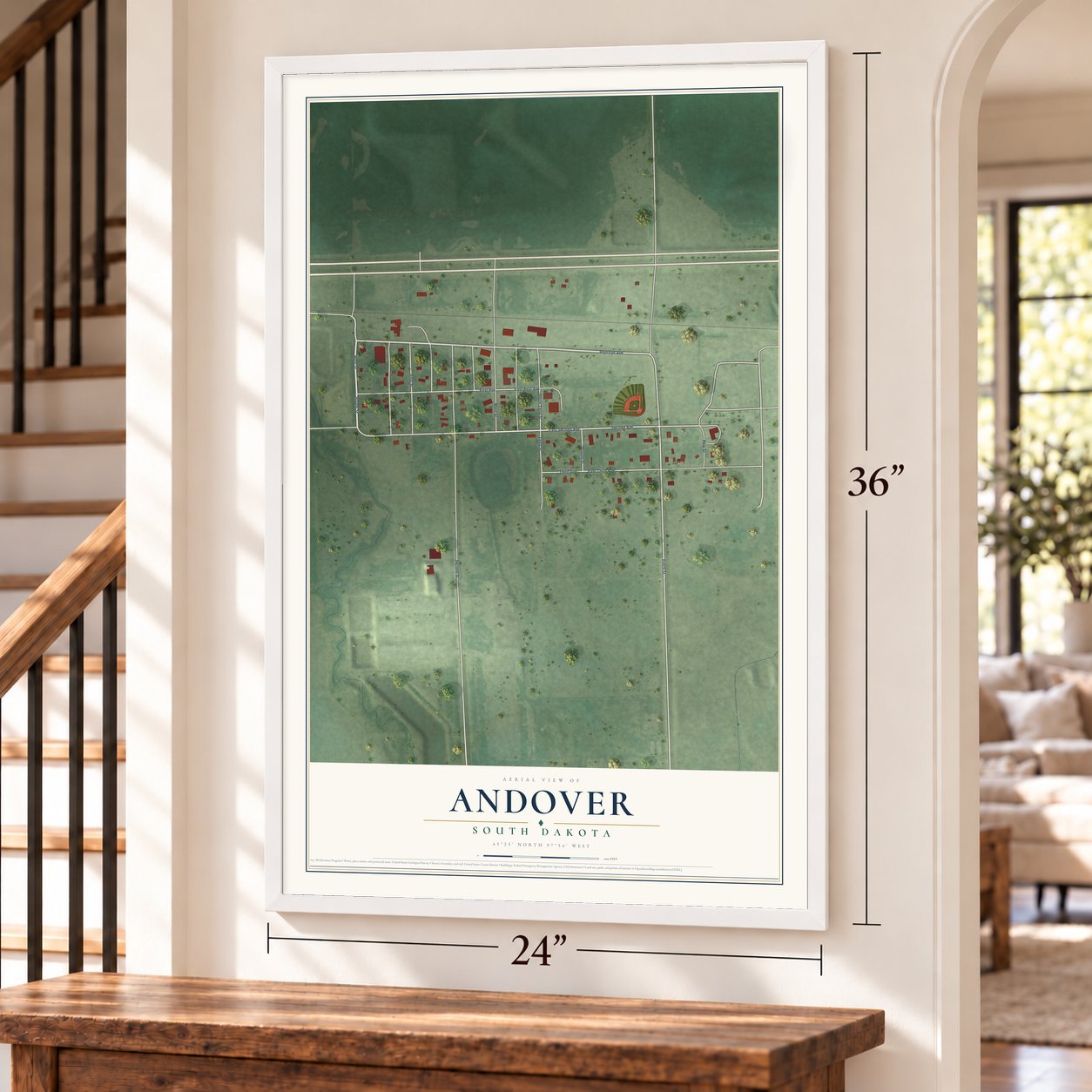 Andover, South Dakota map, 24 x 36 inch print in a white frame by a staircase