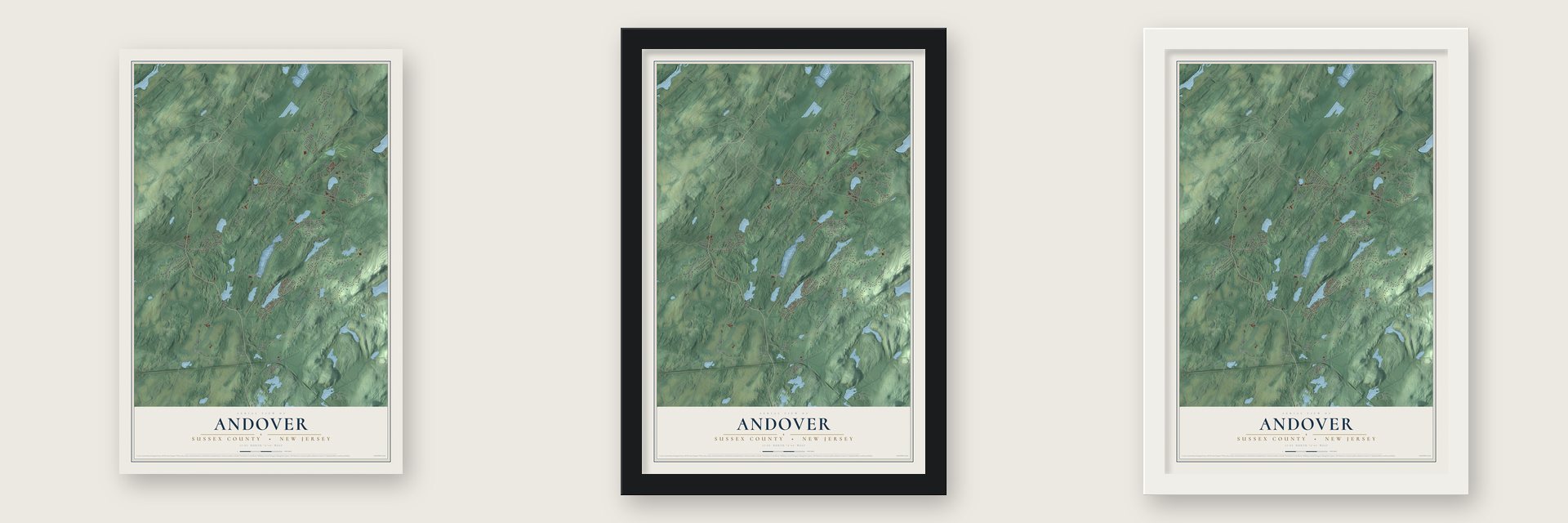 Andover, Sussex County, New Jersey map unframed, in a black wood frame and in a white wood frame