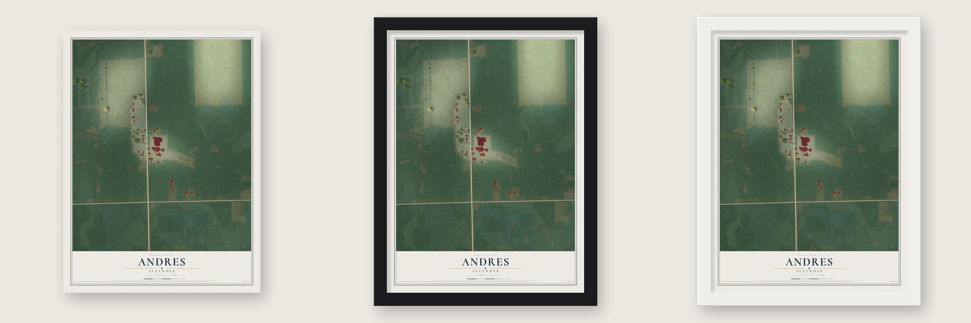 Andres, Illinois map unframed, in a black wood frame and in a white wood frame