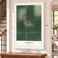 Andres, Illinois map, 24 x 36 inch print in a white frame by a staircase