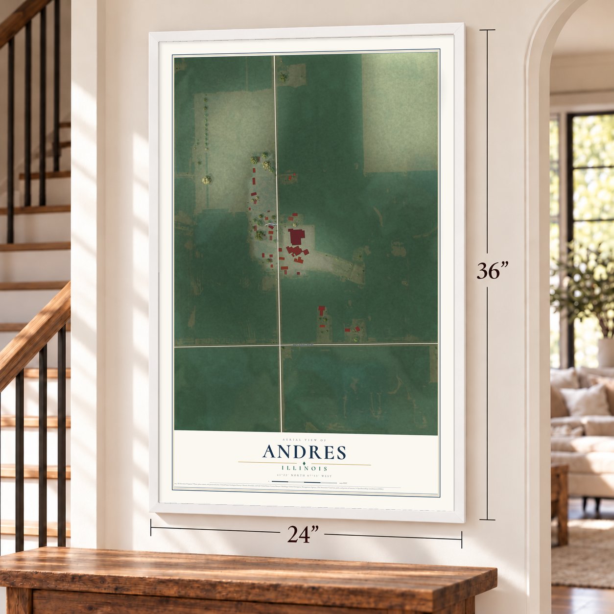 Andres, Illinois map, 24 x 36 inch print in a white frame by a staircase