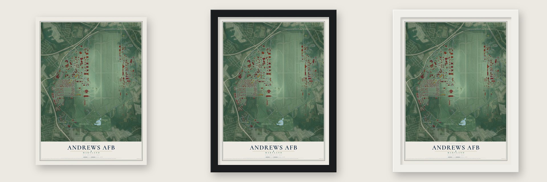 Andrews AFB, Maryland map unframed, in a black wood frame and in a white wood frame