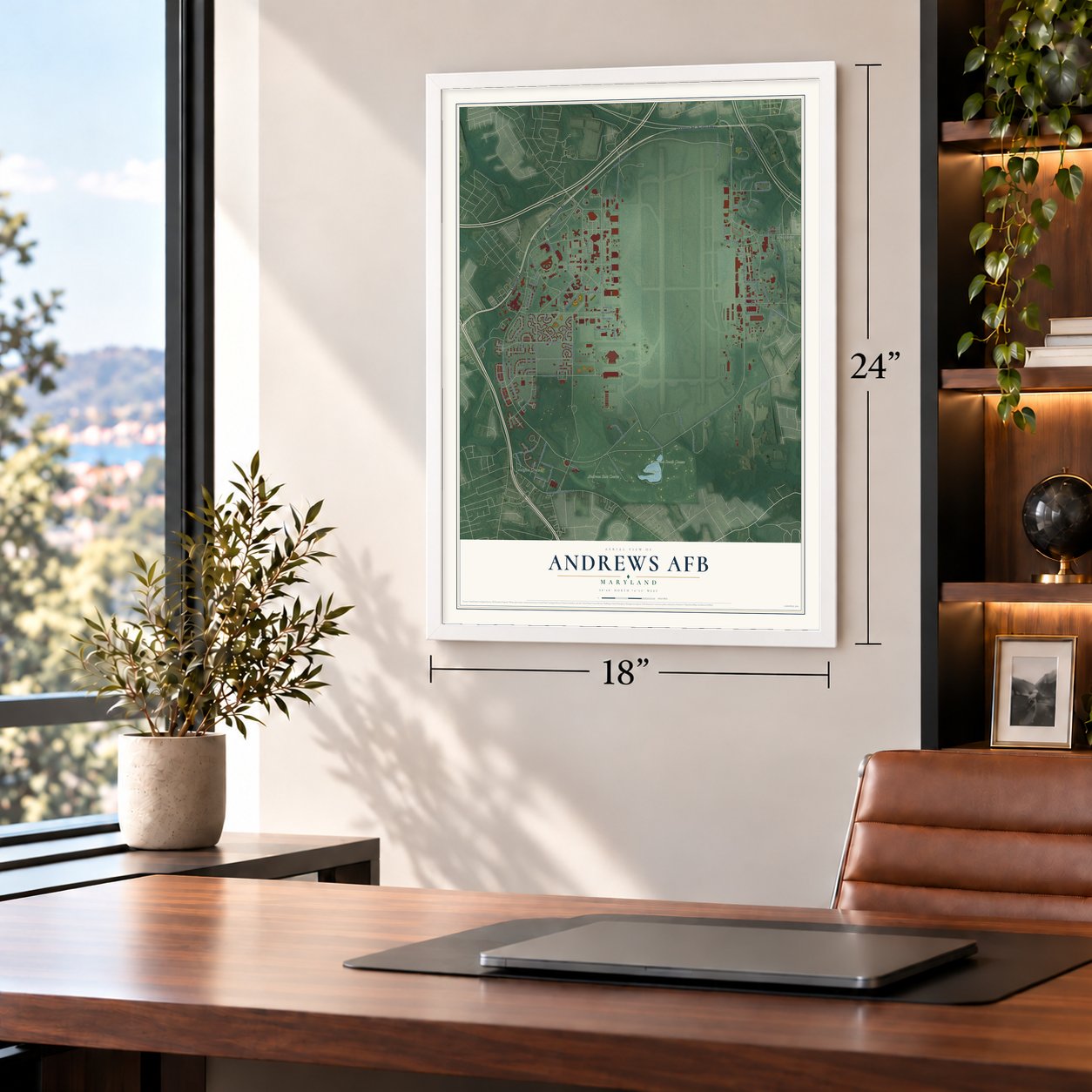 Andrews AFB, Maryland map, 18 x 24 inch print in a white frame in a home office