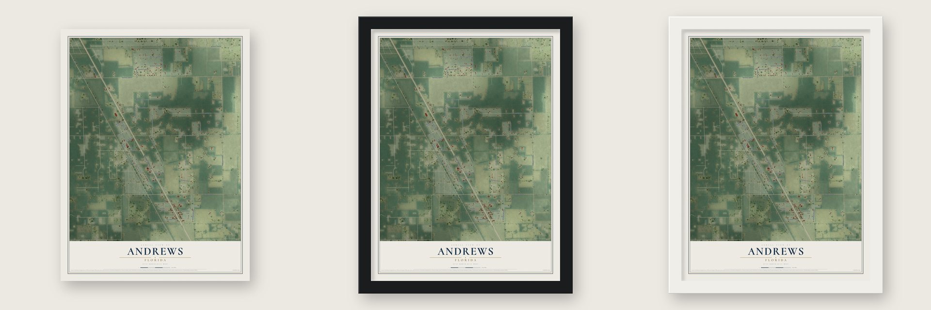 Andrews, Florida map unframed, in a black wood frame and in a white wood frame
