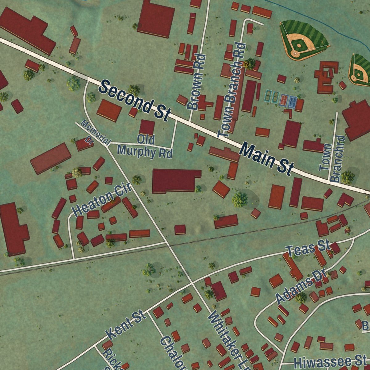 Second close-up of the map of Andrews, North Carolina print showing more streets and buildings