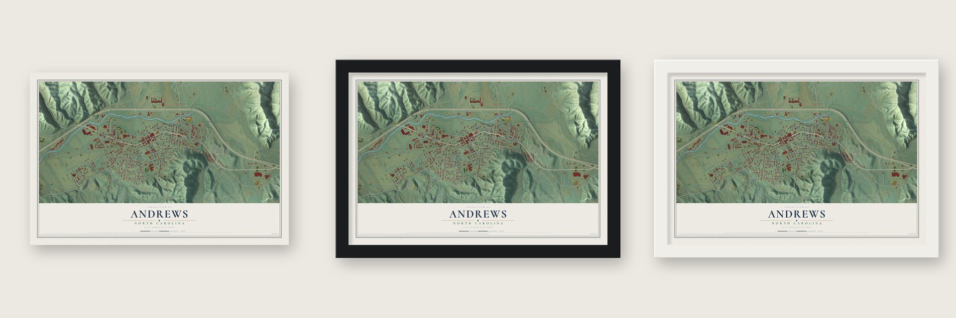 Andrews, North Carolina map unframed, in a black wood frame and in a white wood frame