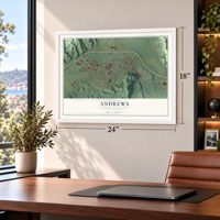 Andrews, North Carolina map, 18 x 24 inch print in a white frame in a home office