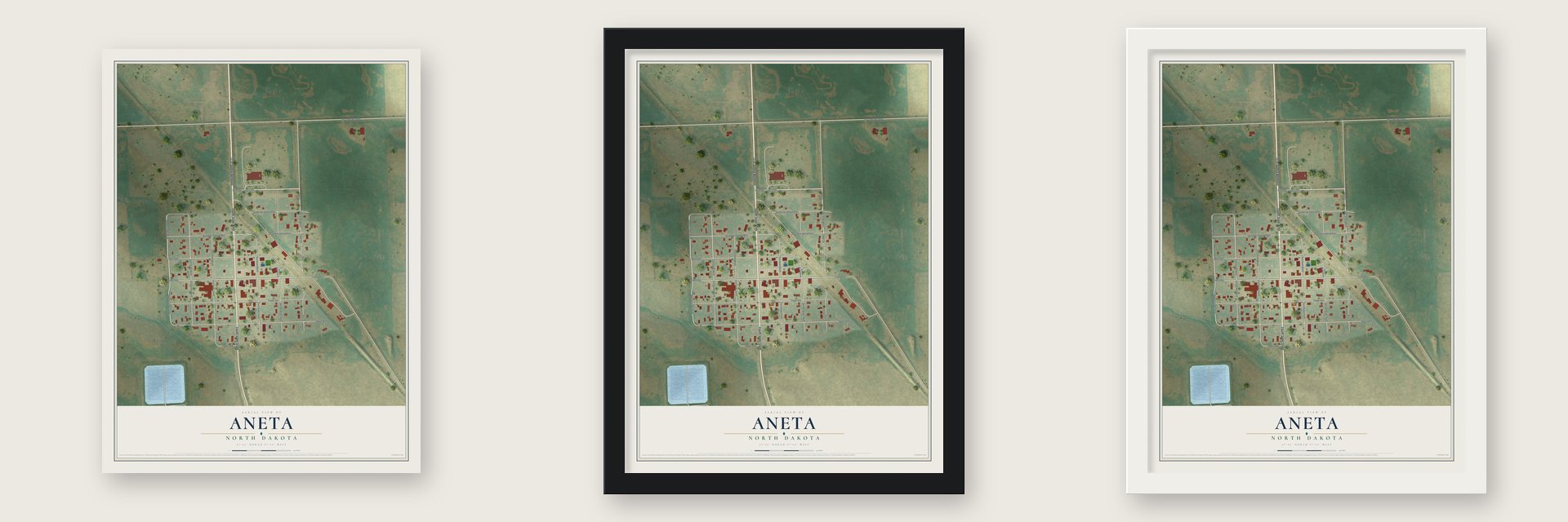 Aneta, North Dakota map unframed, in a black wood frame and in a white wood frame