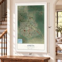 Aneta, North Dakota map, 24 x 36 inch print in a white frame by a staircase