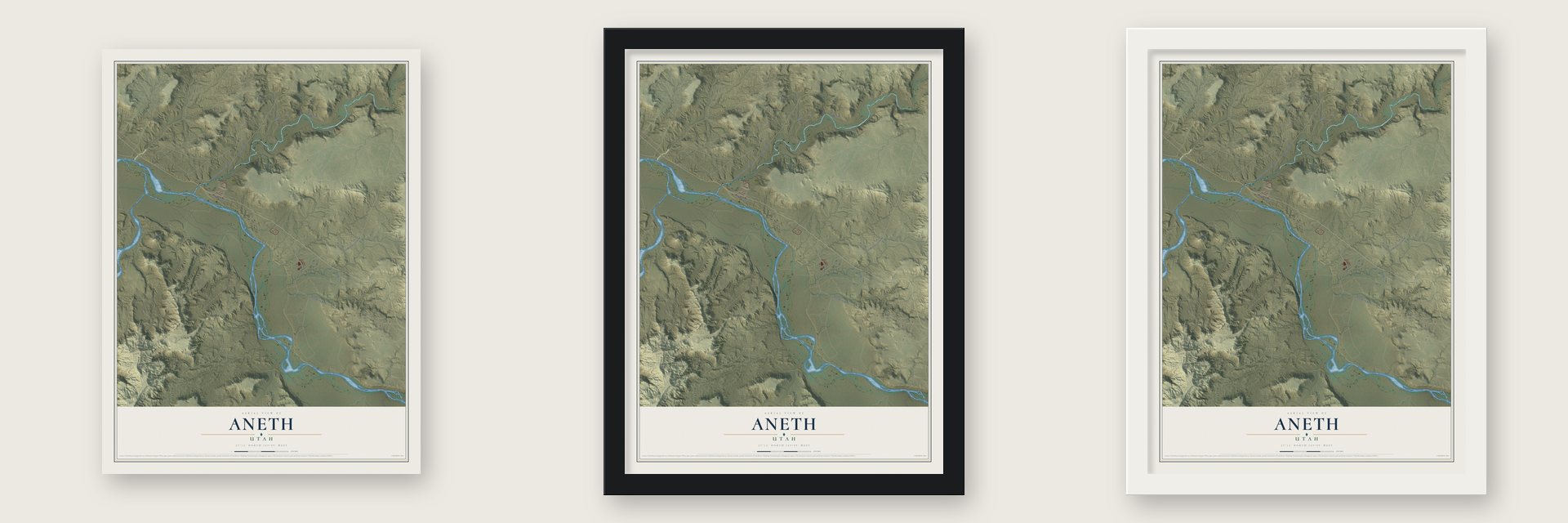 Aneth, Utah map unframed, in a black wood frame and in a white wood frame