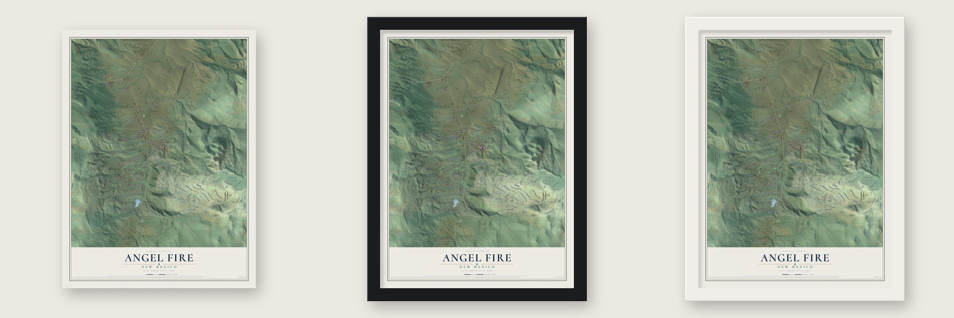 Angel Fire, New Mexico map unframed, in a black wood frame and in a white wood frame