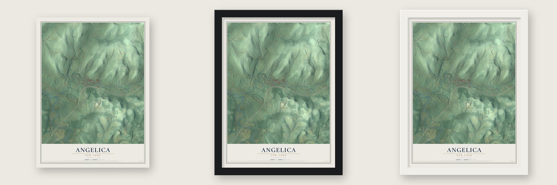 Angelica, New York map unframed, in a black wood frame and in a white wood frame