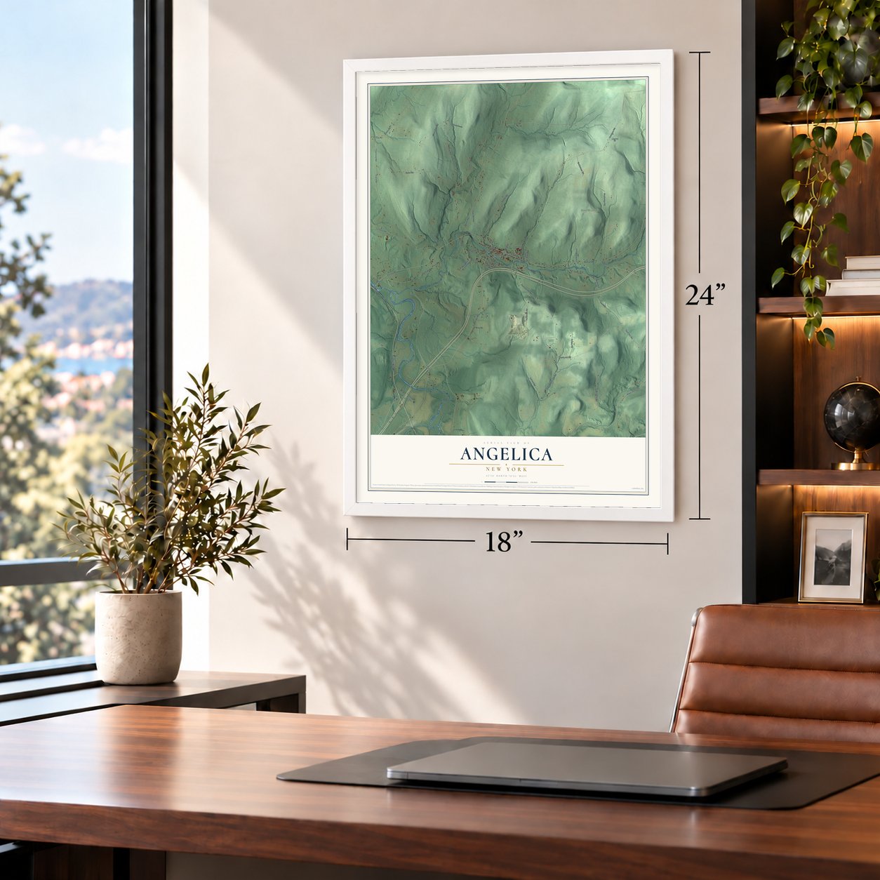 Angelica, New York map, 18 x 24 inch print in a white frame in a home office
