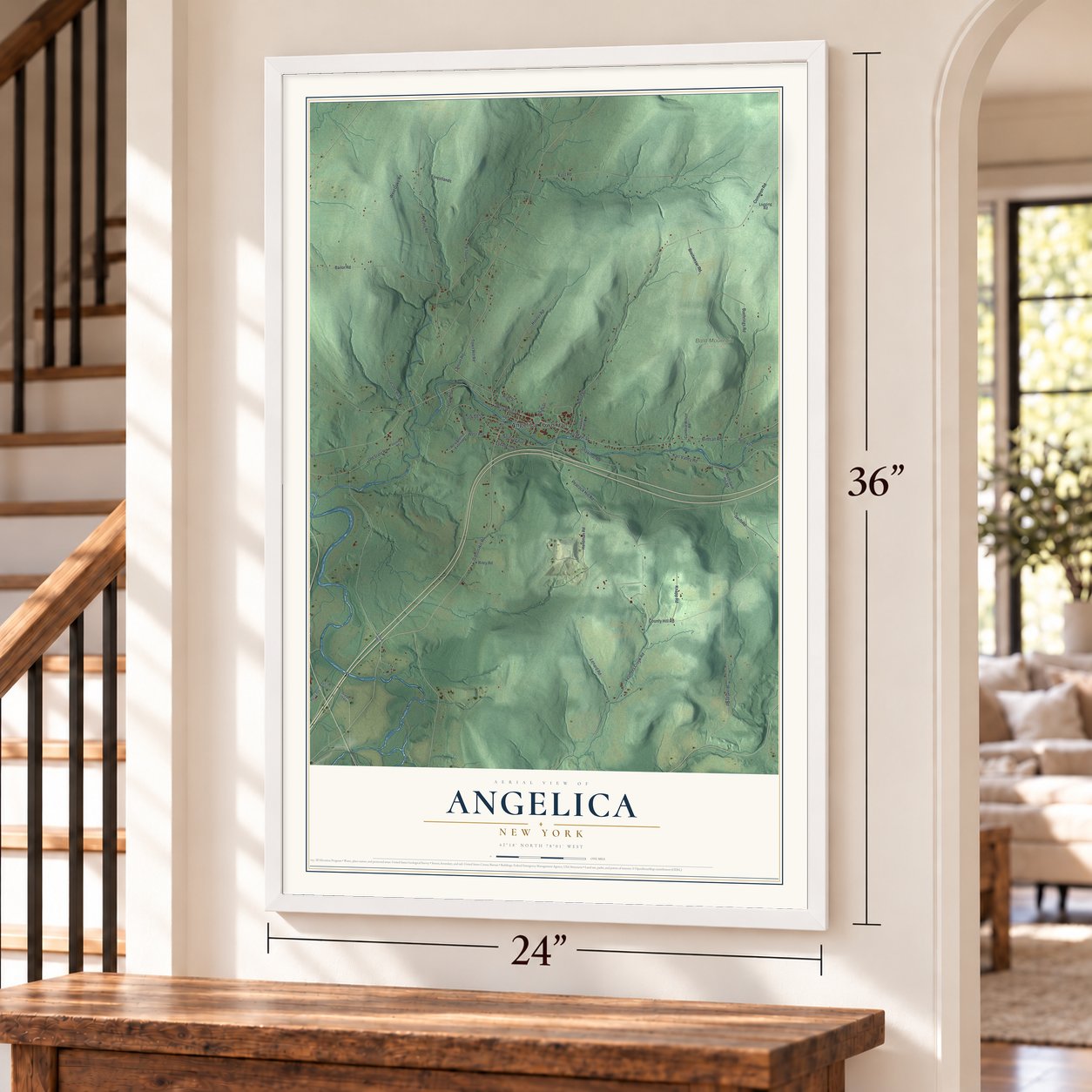Angelica, New York map, 24 x 36 inch print in a white frame by a staircase