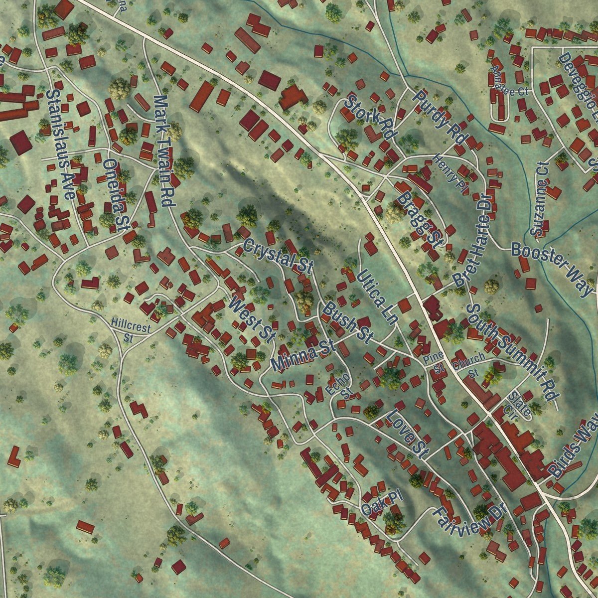 Second close-up of the map of Angels Camp, California print showing more streets and buildings