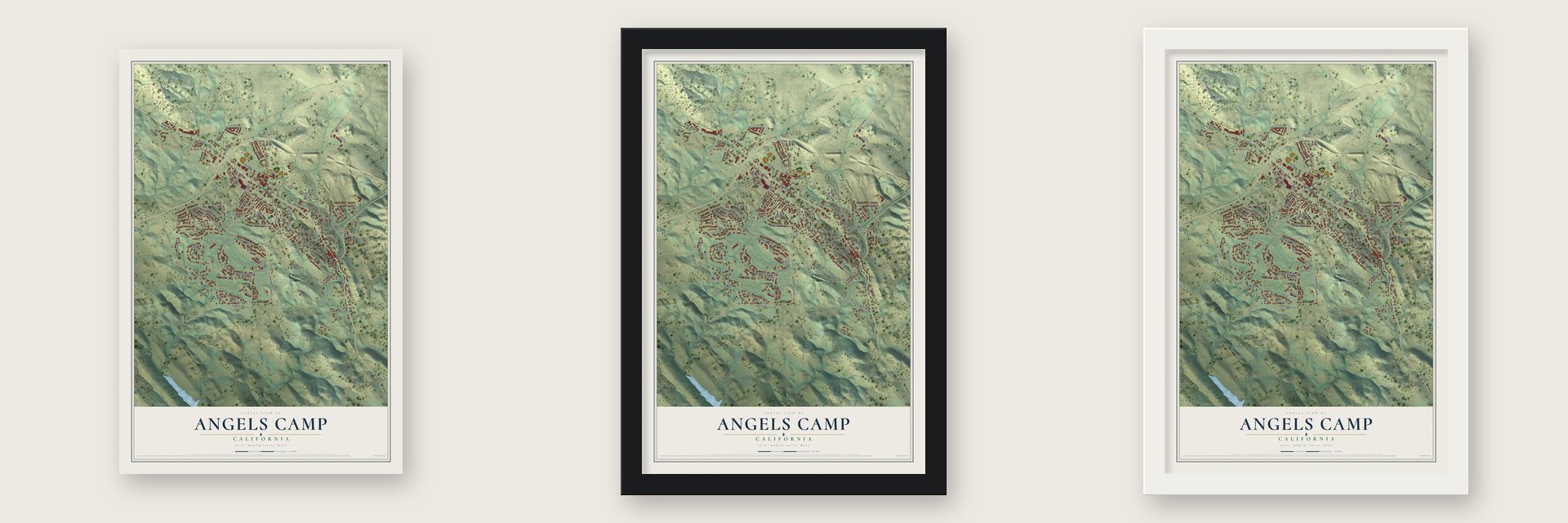 Angels Camp, California map unframed, in a black wood frame and in a white wood frame