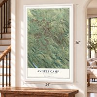 Angels Camp, California map, 24 x 36 inch print in a white frame by a staircase