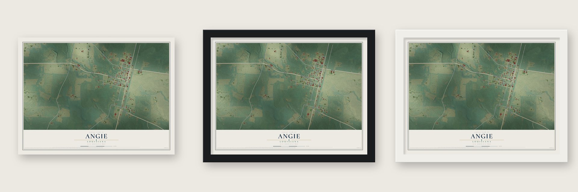 Angie, Louisiana map unframed, in a black wood frame and in a white wood frame