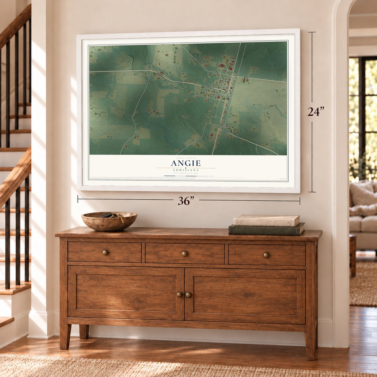 Angie, Louisiana map, 24 x 36 inch print in a white frame above a dresser by a staircase