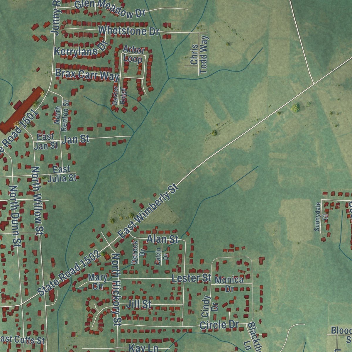 Second close-up of the map of Angier, North Carolina print showing more streets and buildings