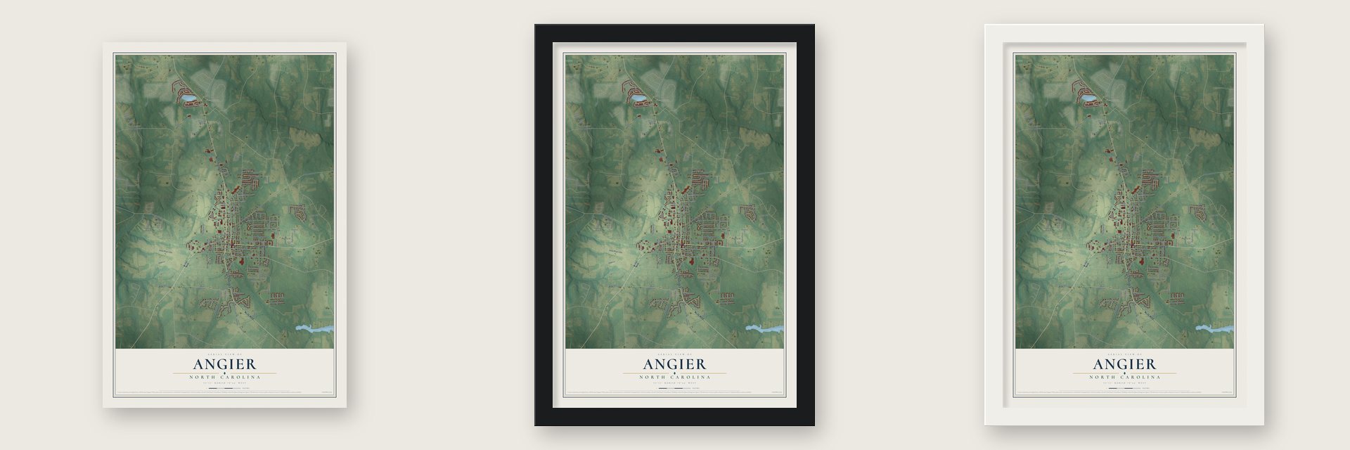Angier, North Carolina map unframed, in a black wood frame and in a white wood frame