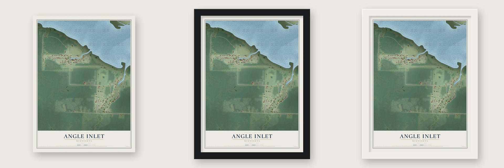 Angle Inlet, Minnesota map unframed, in a black wood frame and in a white wood frame