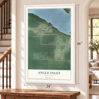 Angle Inlet, Minnesota map, 24 x 36 inch print in a white frame by a staircase