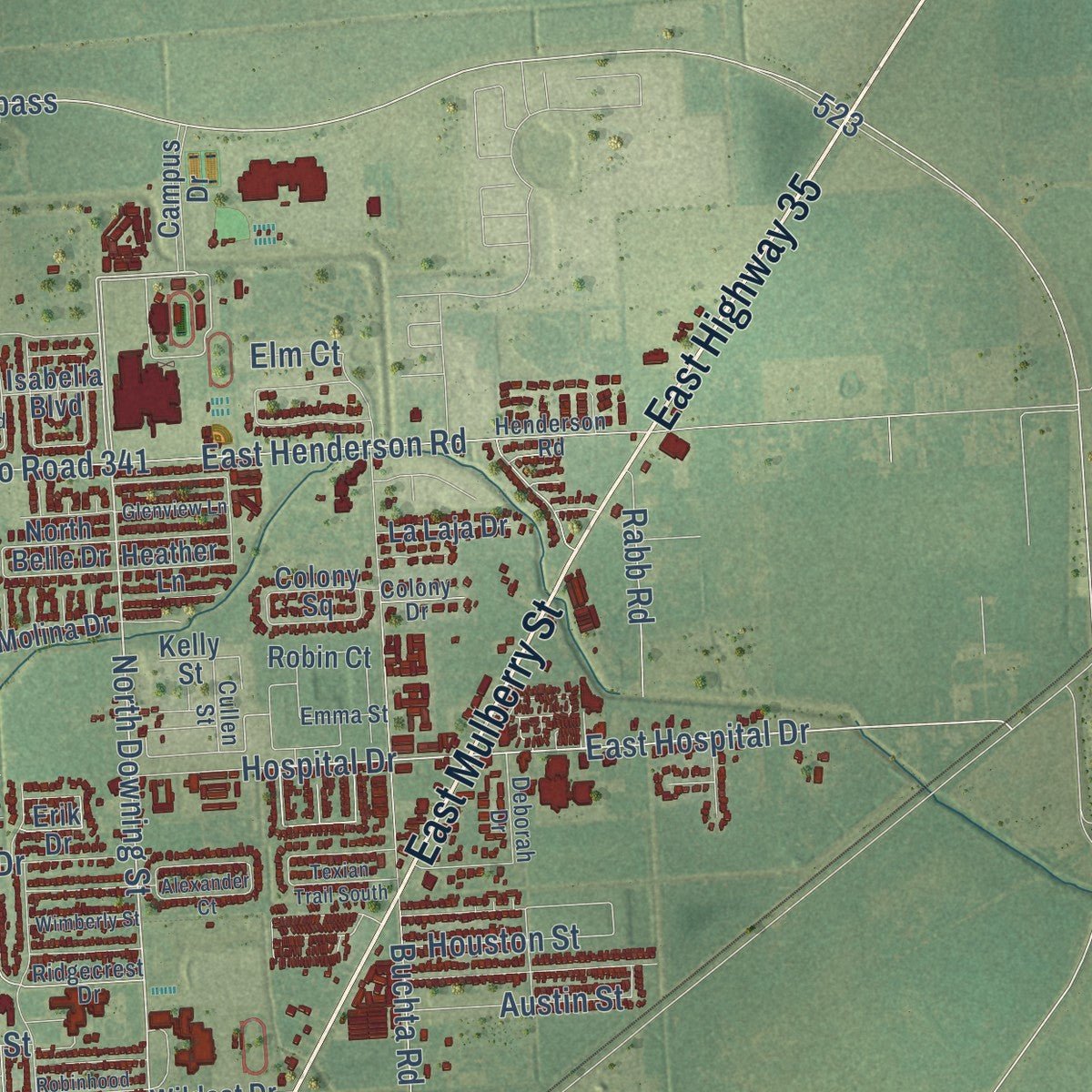 Second close-up of the map of Angleton, Texas print showing more streets and buildings