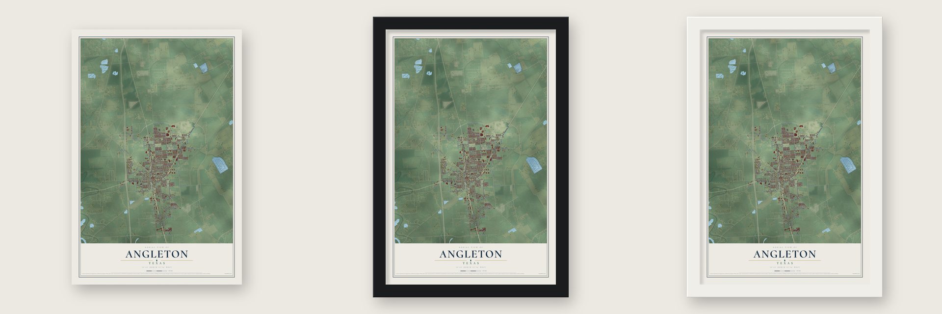 Angleton, Texas map unframed, in a black wood frame and in a white wood frame