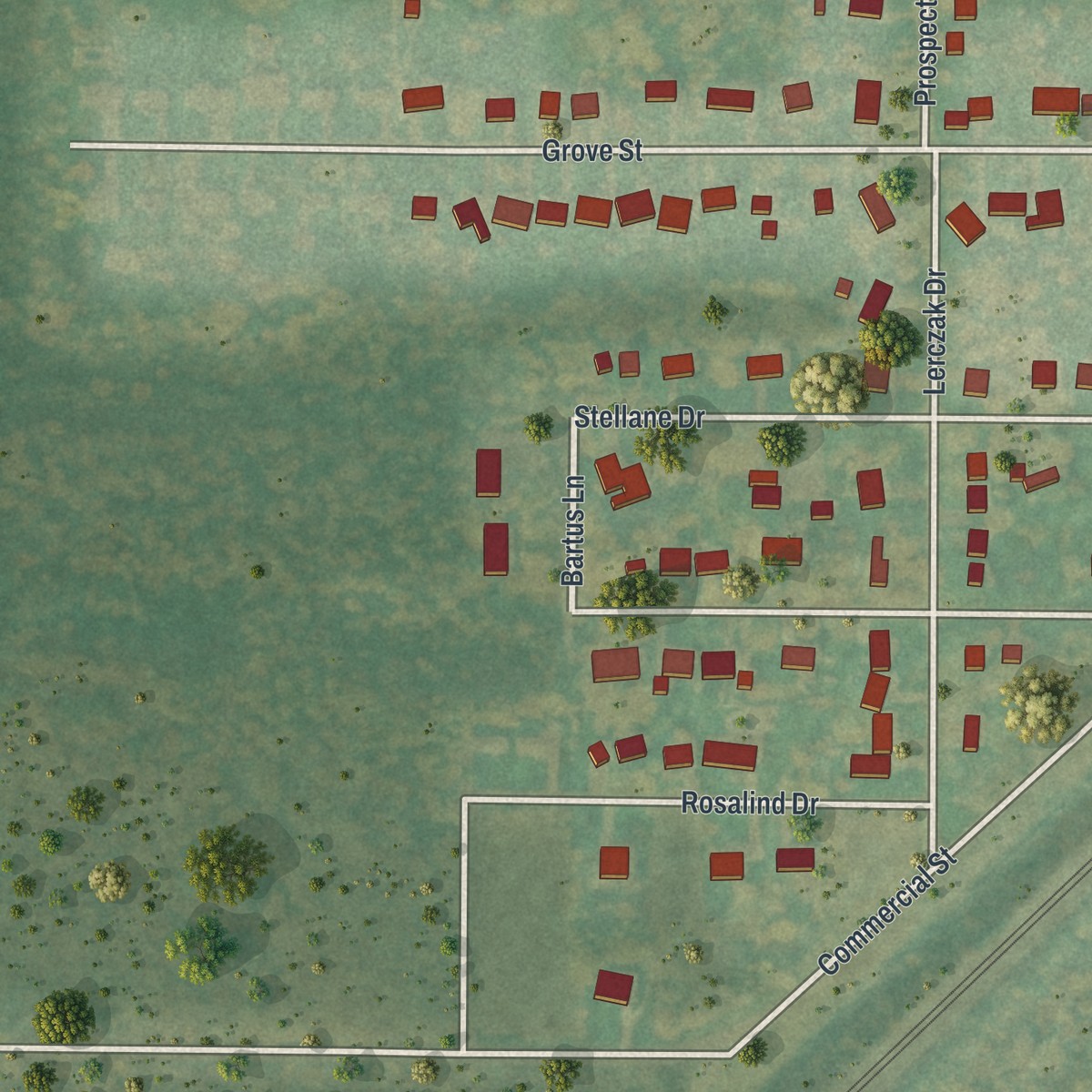 Second close-up of the map of Angola, New York print showing more streets and buildings