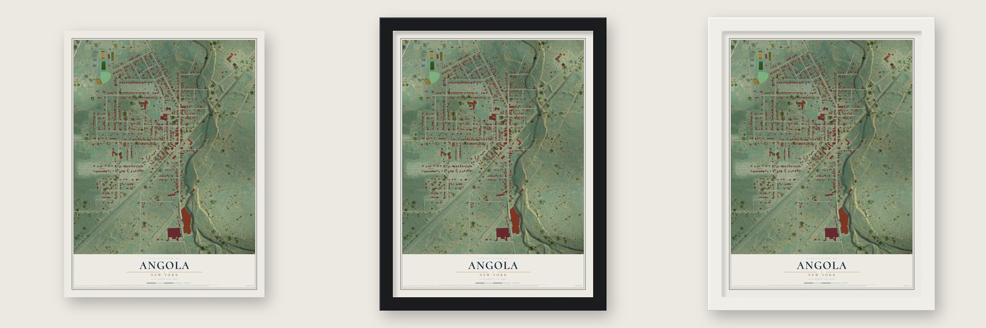 Angola, New York map unframed, in a black wood frame and in a white wood frame