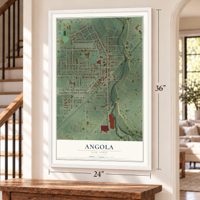 Angola, New York map, 24 x 36 inch print in a white frame by a staircase