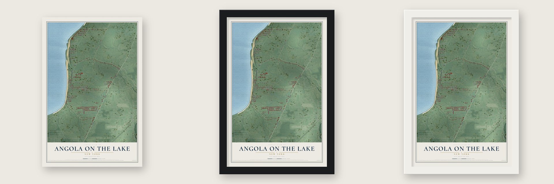 Angola on the Lake, New York map unframed, in a black wood frame and in a white wood frame
