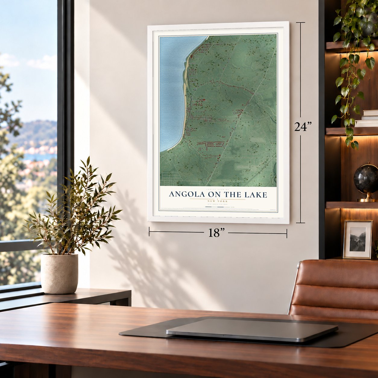 Angola on the Lake, New York map, 18 x 24 inch print in a white frame in a home office