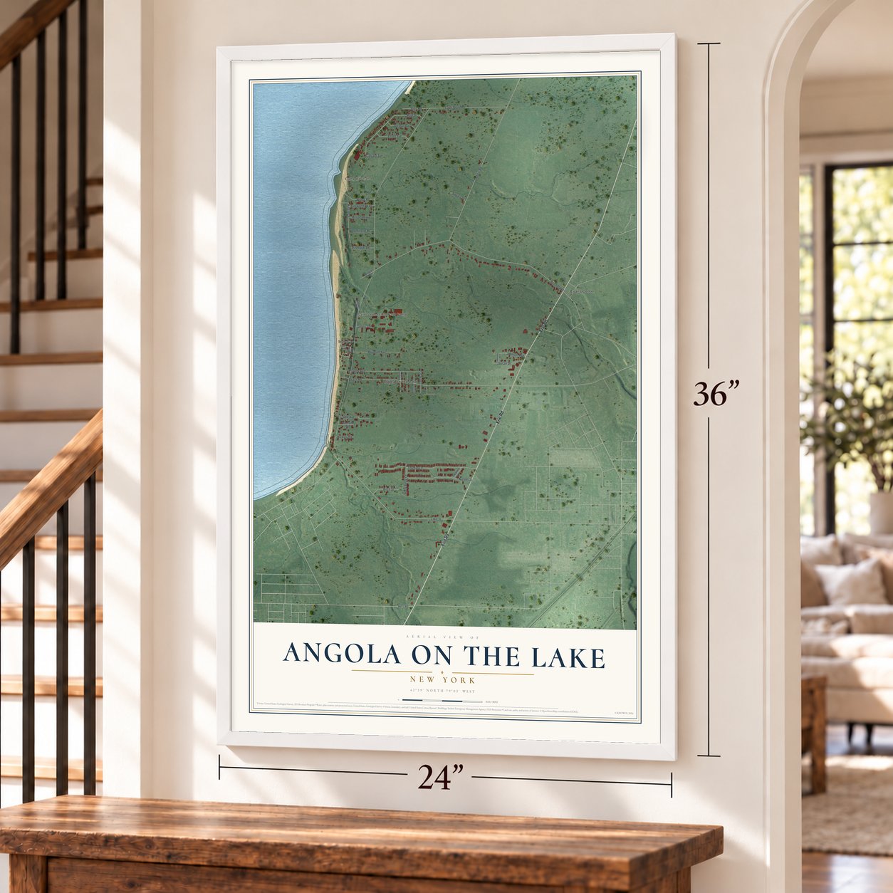 Angola on the Lake, New York map, 24 x 36 inch print in a white frame by a staircase