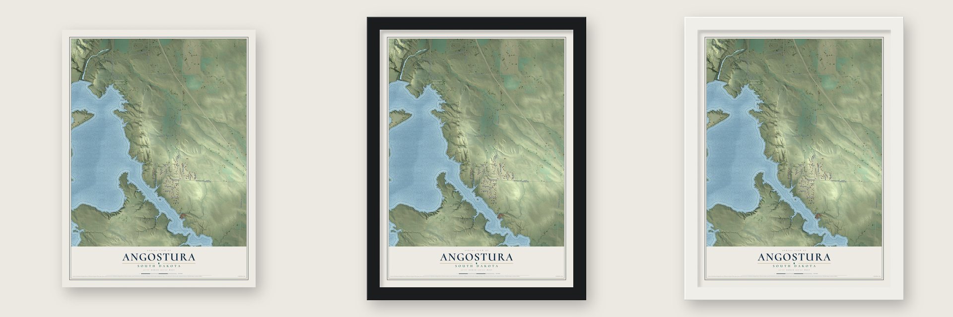 Angostura, South Dakota map unframed, in a black wood frame and in a white wood frame