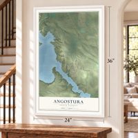 Angostura, South Dakota map, 24 x 36 inch print in a white frame by a staircase