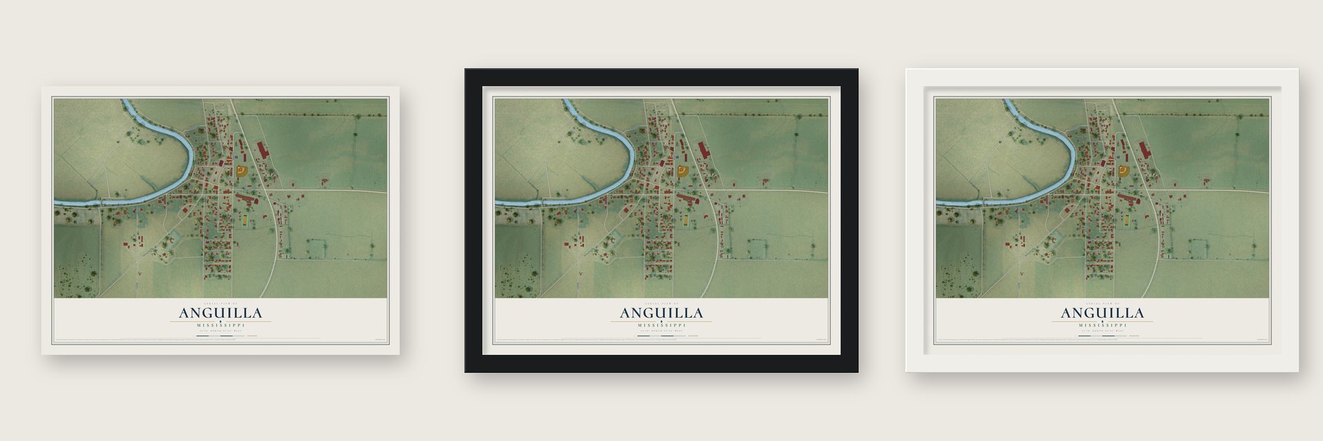 Anguilla, Mississippi map unframed, in a black wood frame and in a white wood frame