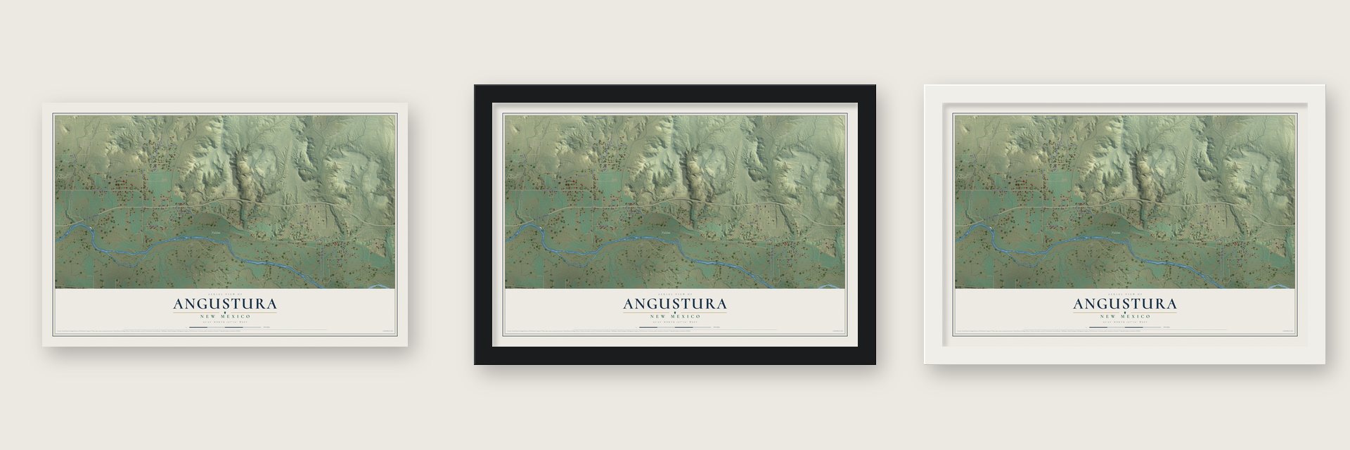 Angustura, New Mexico map unframed, in a black wood frame and in a white wood frame